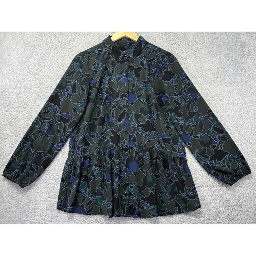 LOGO Lori Goldstein Womens XS Green Blue Print Blouse Button Front Peplum Top - Picture 5 of 10
